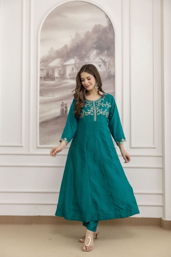 Rama Green embroidered Vichitra silk Anarkali kurta with pant and dupatta, front