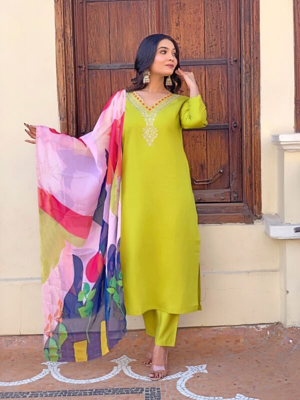 Lemon yellow kurta with printed dupatta draped, front view
