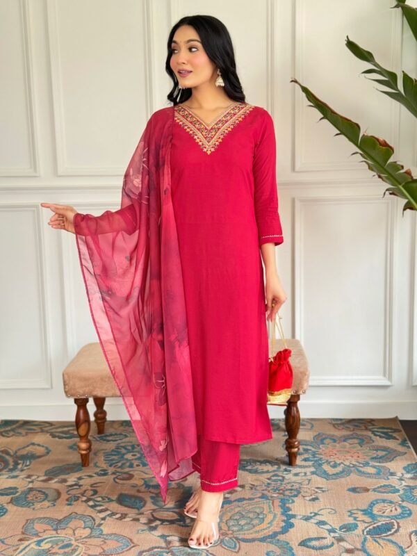 Red rayon kurta with printed silk dupatta draped, front view