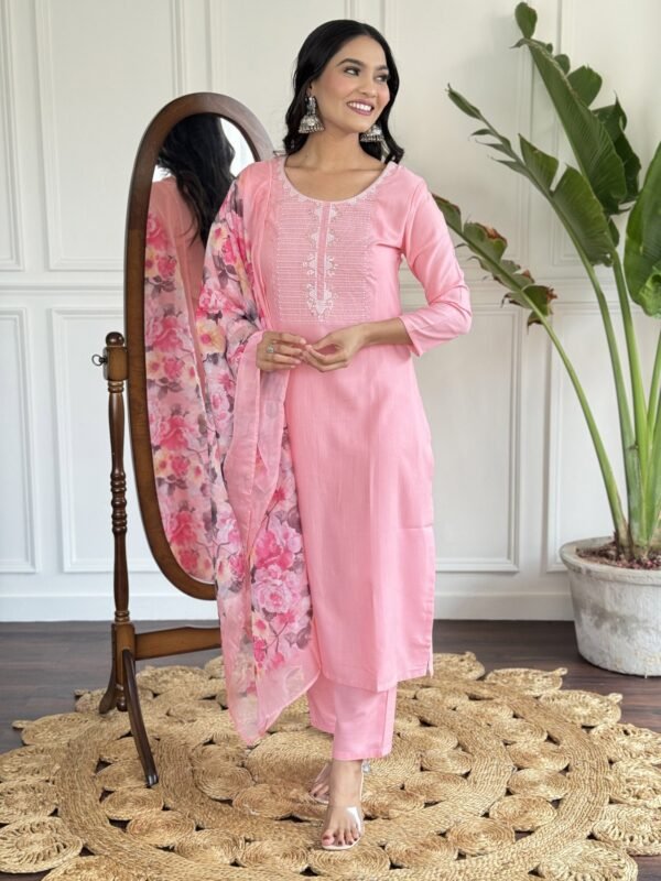 Baby pink embroidered rayon slub kurta with matching pant and floral printed dupatta, front view