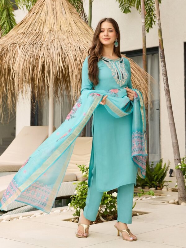 Sky blue embroidered viscose kurta with matching pant and organza dupatta, front view