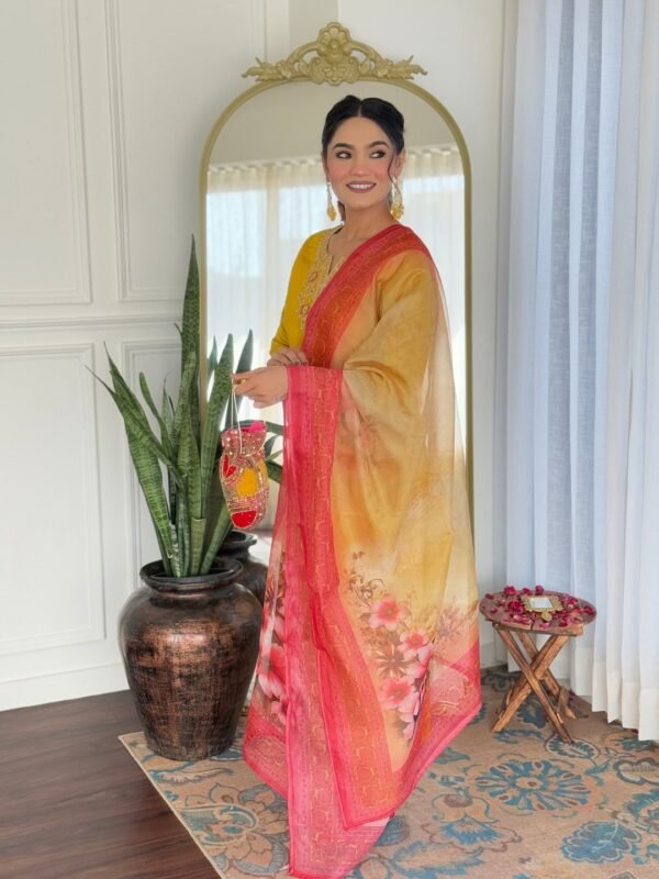 Mustard embroidered rayon kurta with matching pant and coral printed dupatta, front view