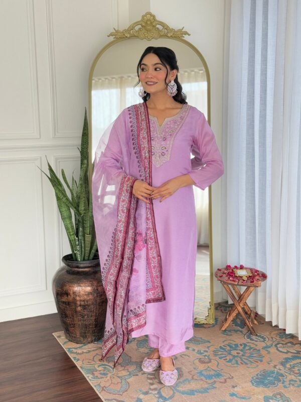 Lavender embroidered rayon kurta with matching pant and printed dupatta, front view