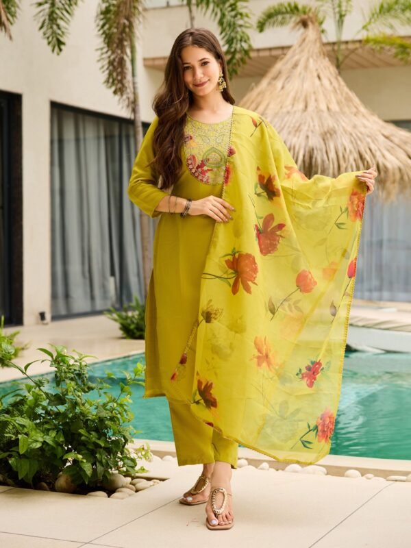 Lime green embroidered rayon kurta with matching pant and floral printed dupatta, front view