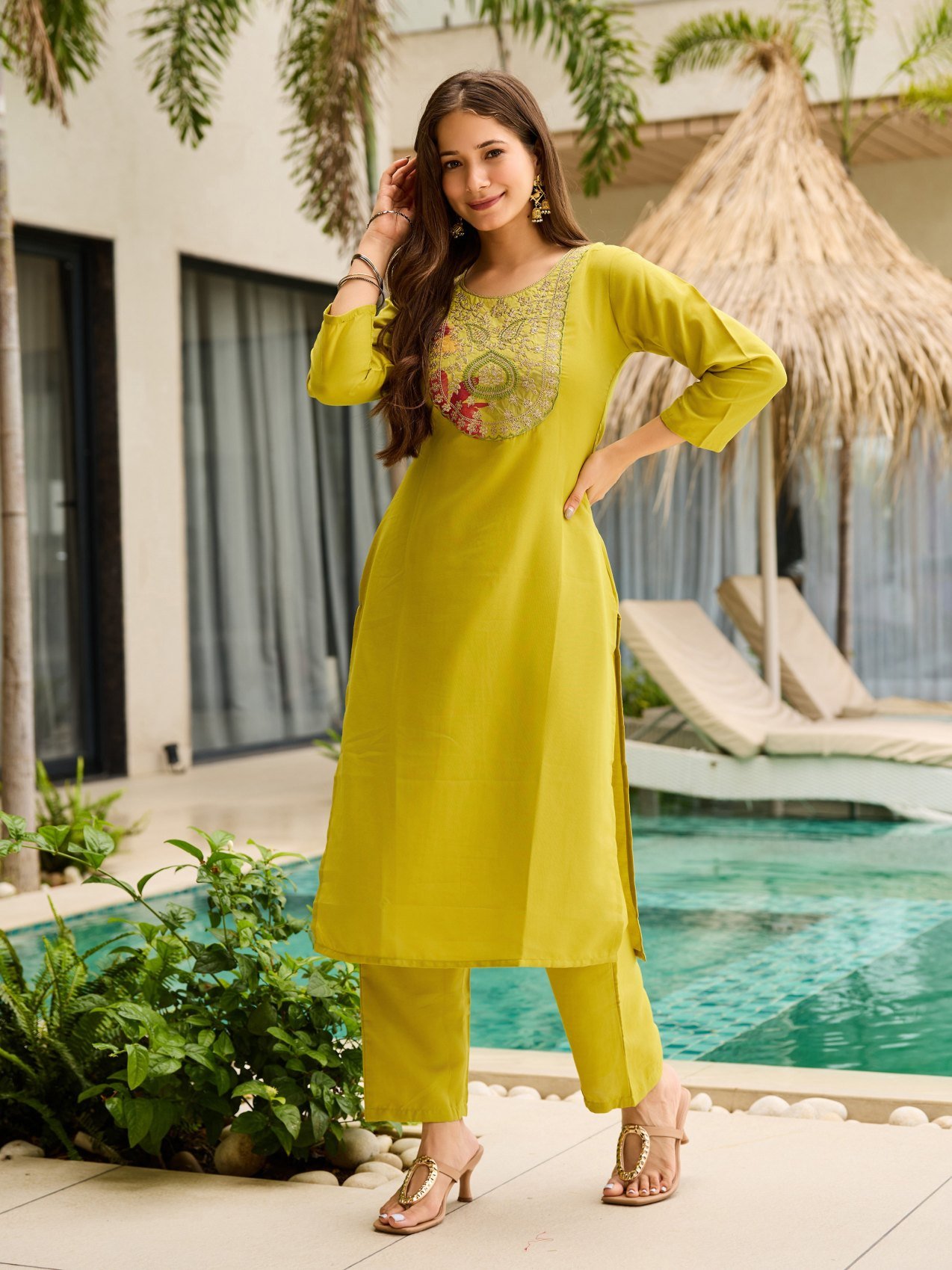 Lime green rayon kurta and matching pant shown without the dupatta