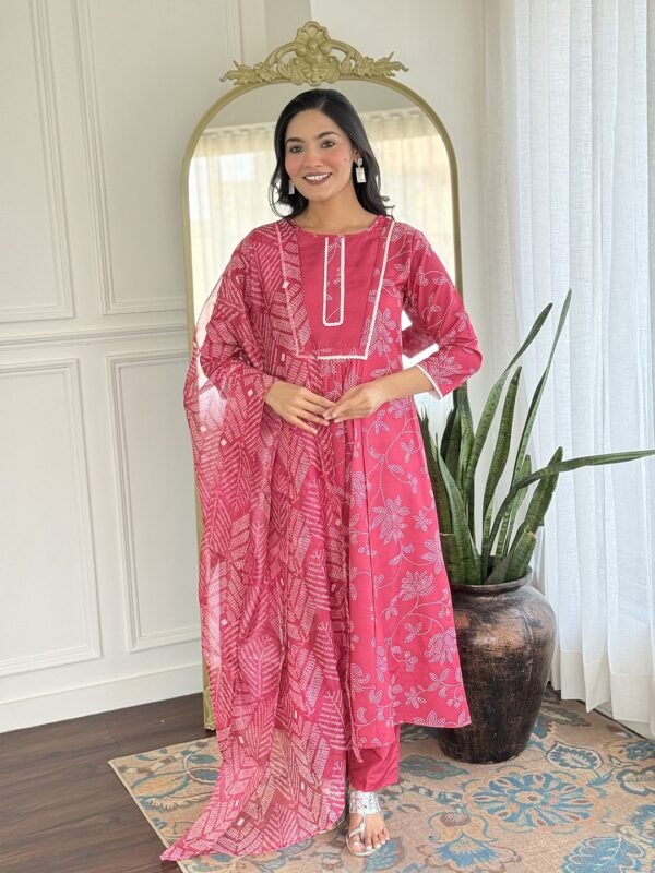 Rani pink floral print kurta with matching pant and dupatta, front view