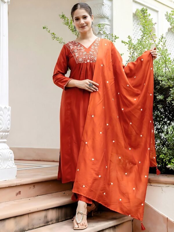 Rust embroidered viscose rayon kurta with matching pant and Chanderi dupatta, front view