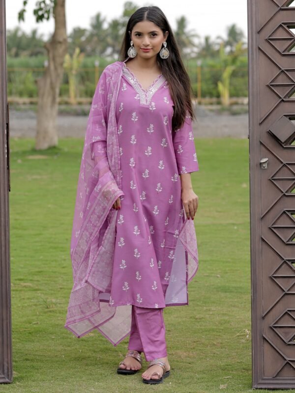 Onion Pink butti print rayon kurta with matching pant and dupatta, front view
