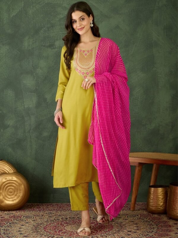 Mehendi green embroidered rayon kurta with matching pant and pink georgette dupatta, front view
