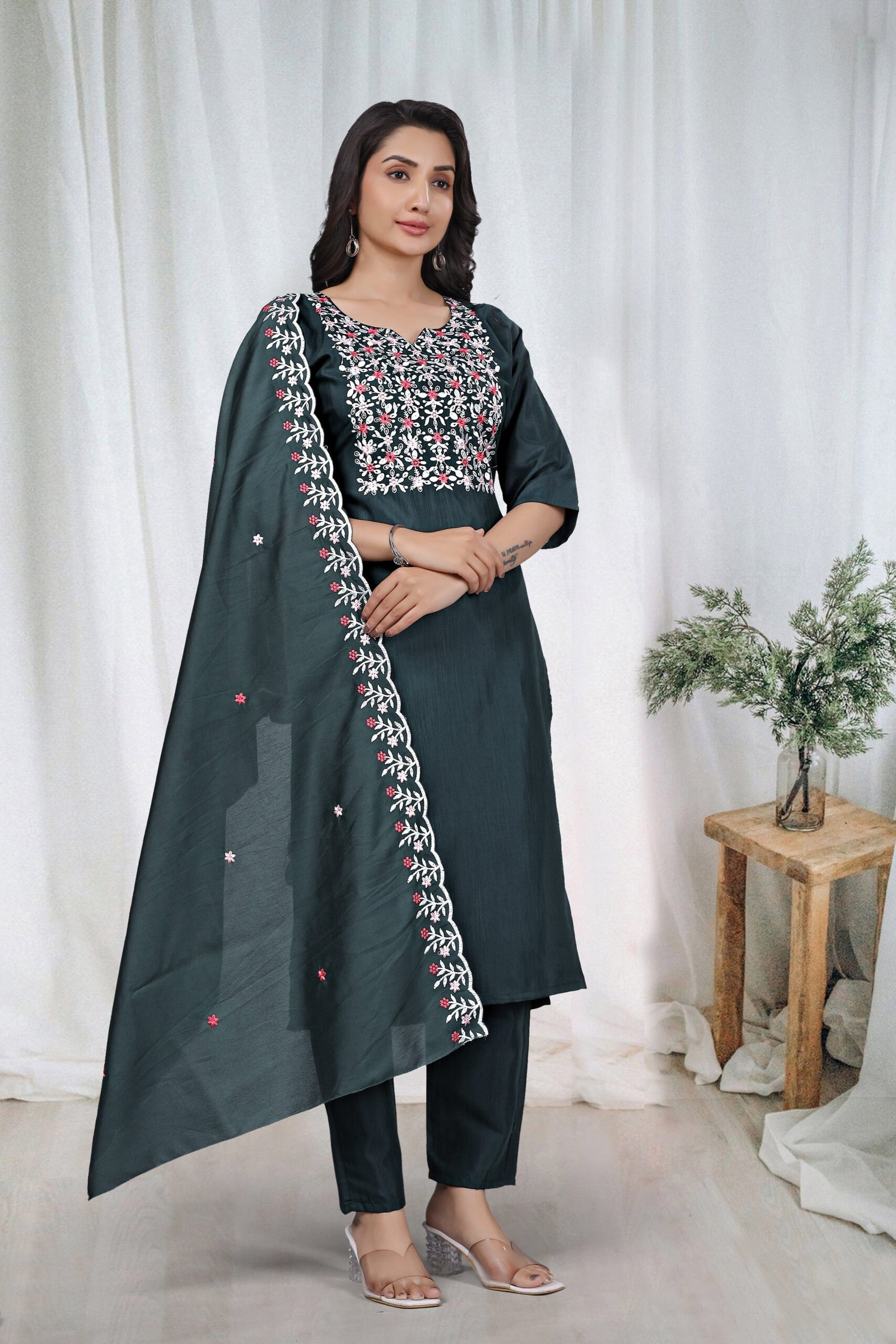 DCVK-02 Bottle Green embroidered kurta set – full-length view with the dupatta draped over one shoulder