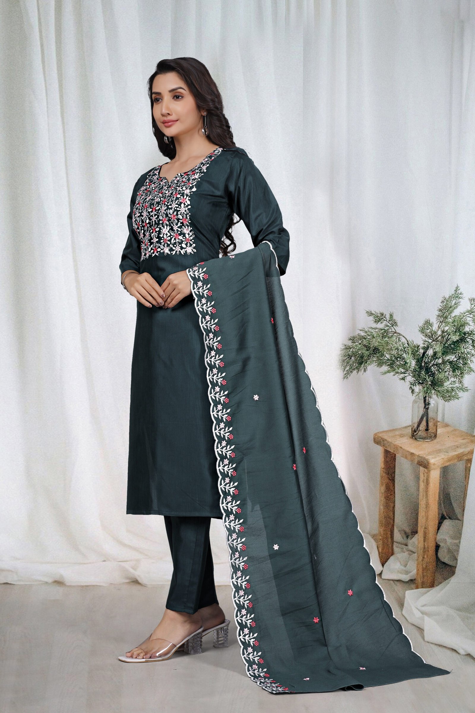 DCVK-02 Bottle Green embroidered kurta set – side view of the kurta, pant and dupatta