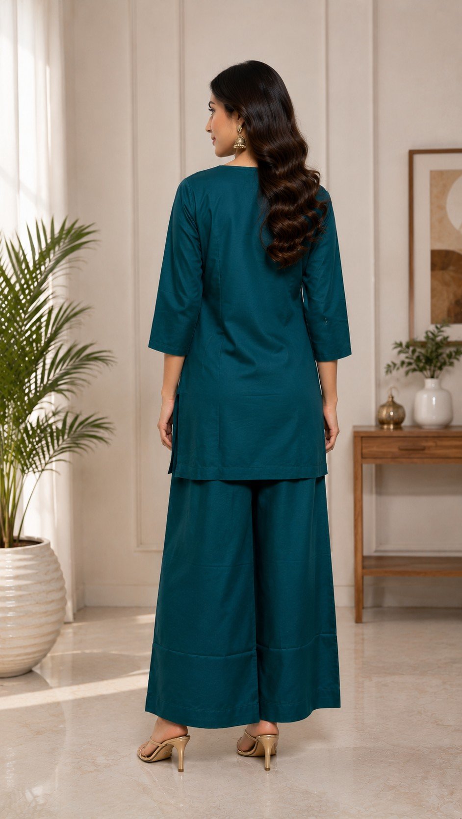 DCVK-03 Rama Green Roman silk kurti palazzo set – back view