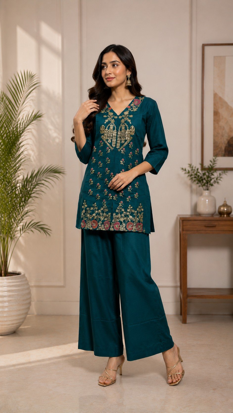 DCVK-03 Rama Green Roman silk kurti with embroidered front and hem border, paired with matching palazzo
