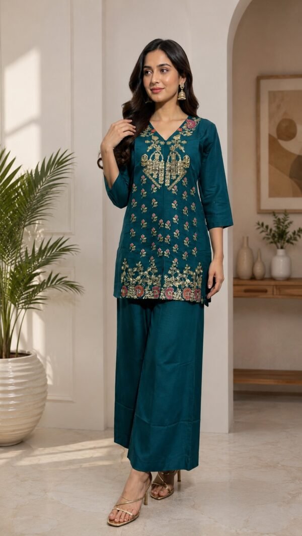 DCVK-03 Rama Green embroidered Roman silk kurti palazzo set – front view with gold-tone embroidered V-neck yoke and wide-leg palazzo
