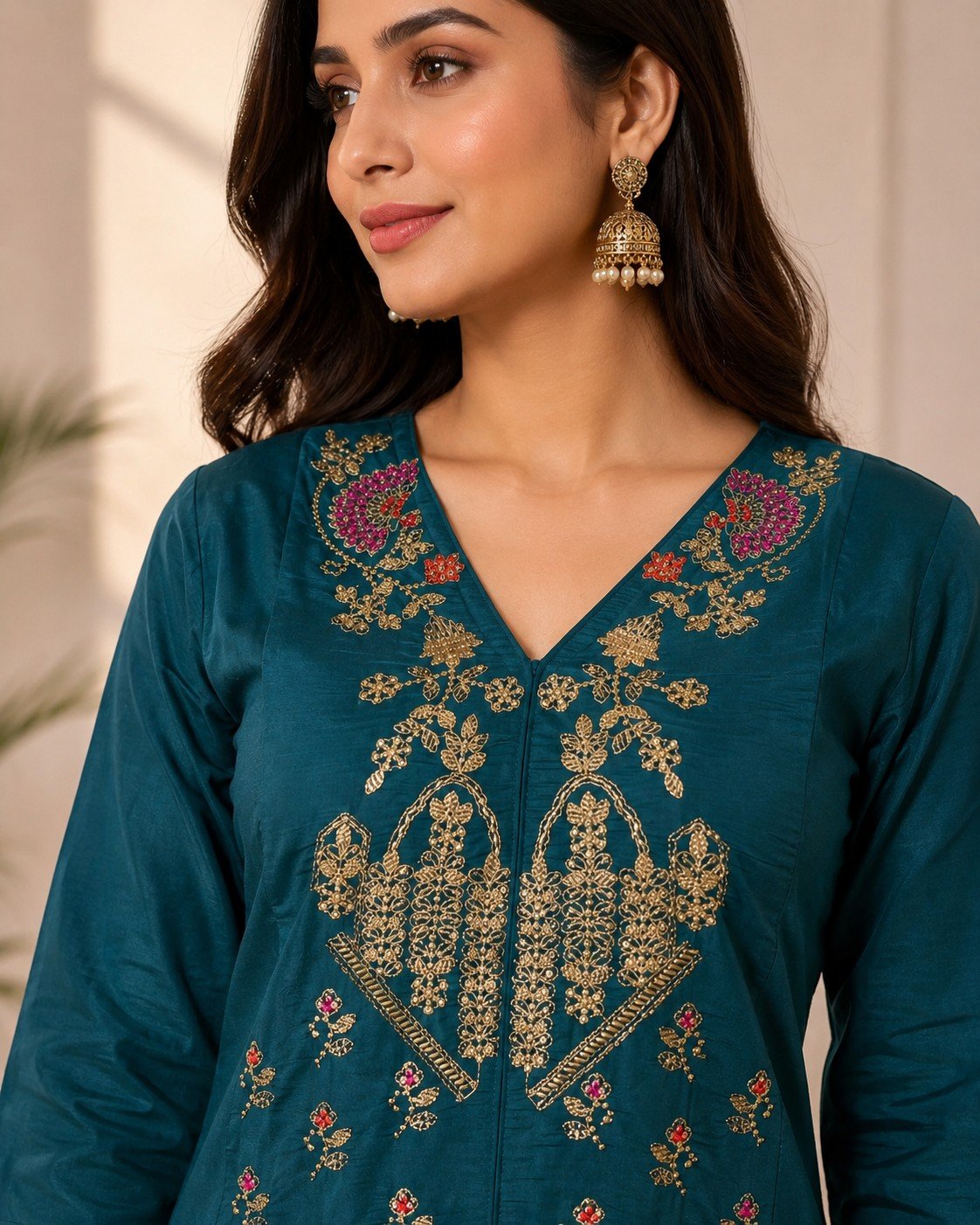 Close-up of DCVK-03 Rama Green Roman silk kurti showing gold-tone and floral embroidery on the V-neck yoke