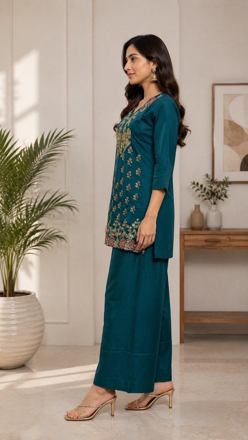 DCVK-03 Rama Green embroidered kurti palazzo set – side view showing three-quarter sleeves and wide-leg palazzo