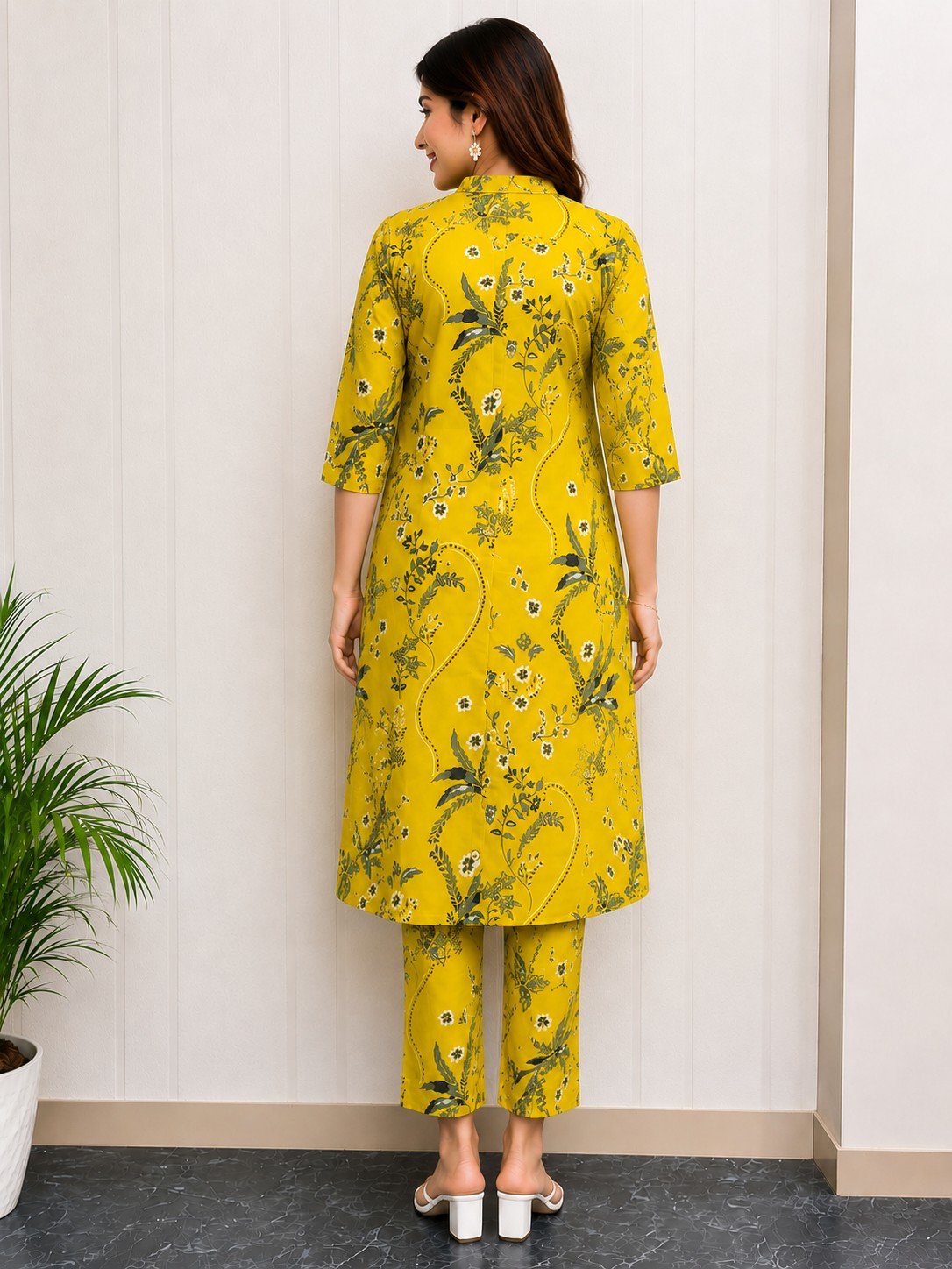 DCVK-04 yellow floral print cotton blend kurta pant set – back view
