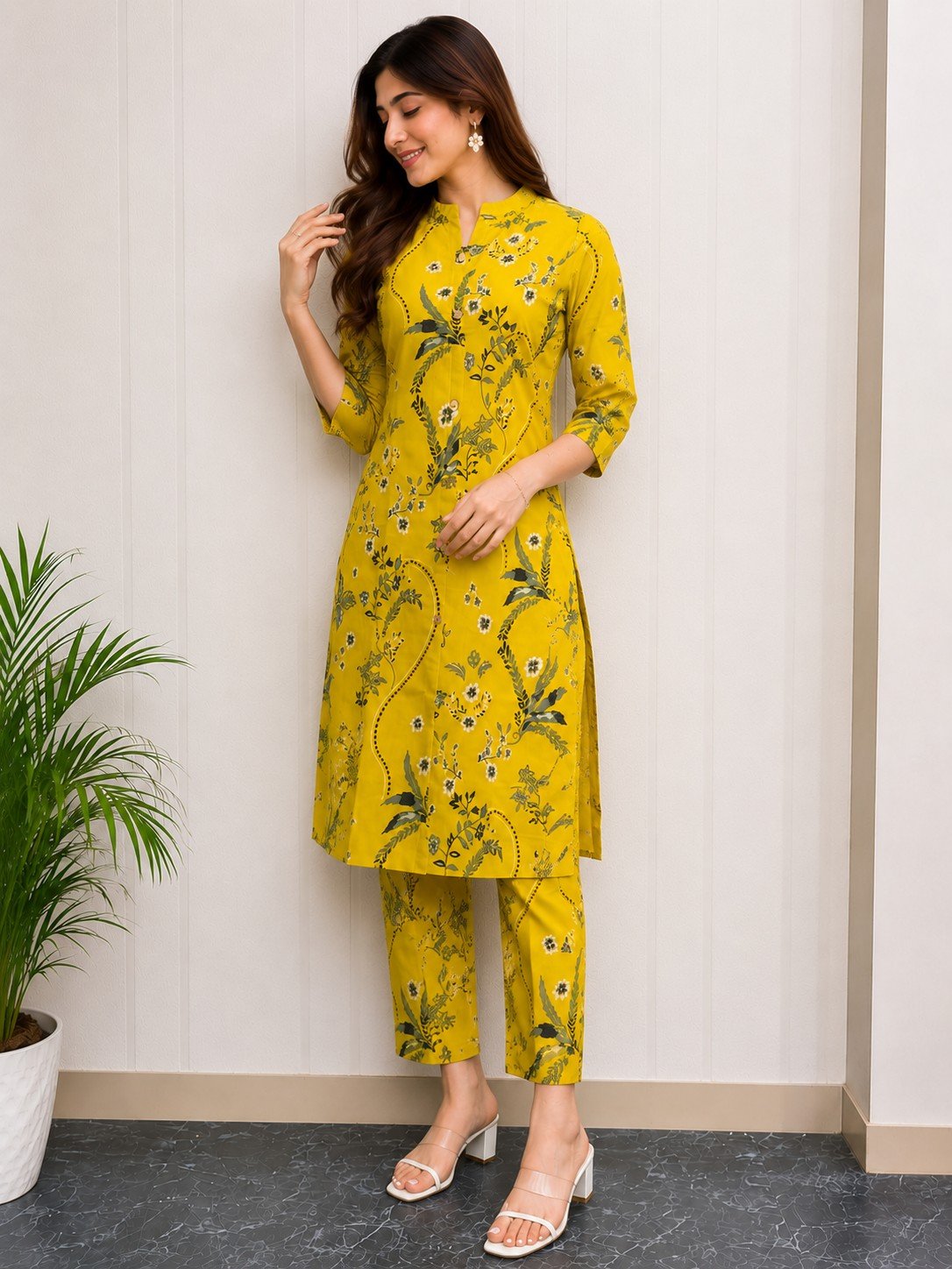 DCVK-04 yellow floral printed kurta with three-quarter sleeves and matching pants