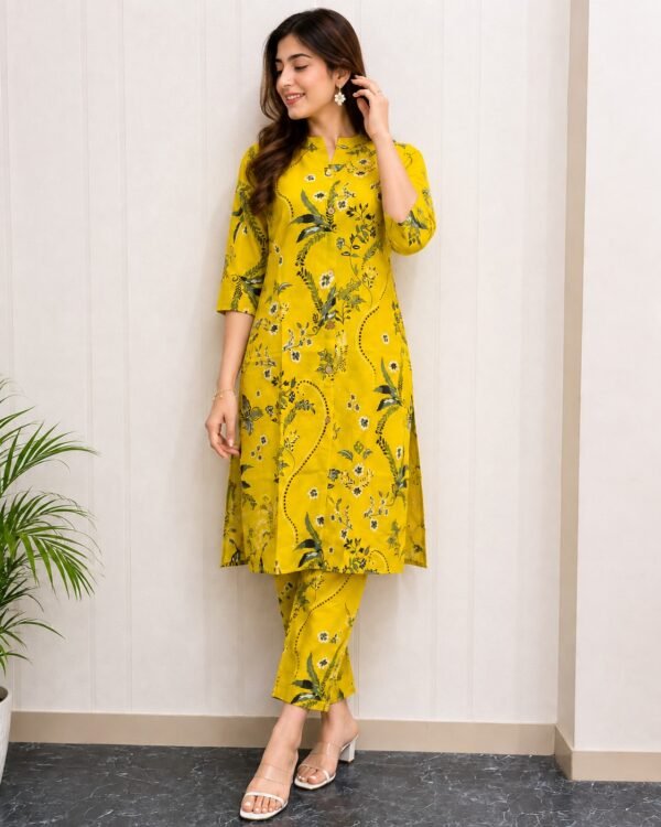 DCVK-04 yellow floral print cotton blend kurta pant set – front view with notched collar and matching printed pants