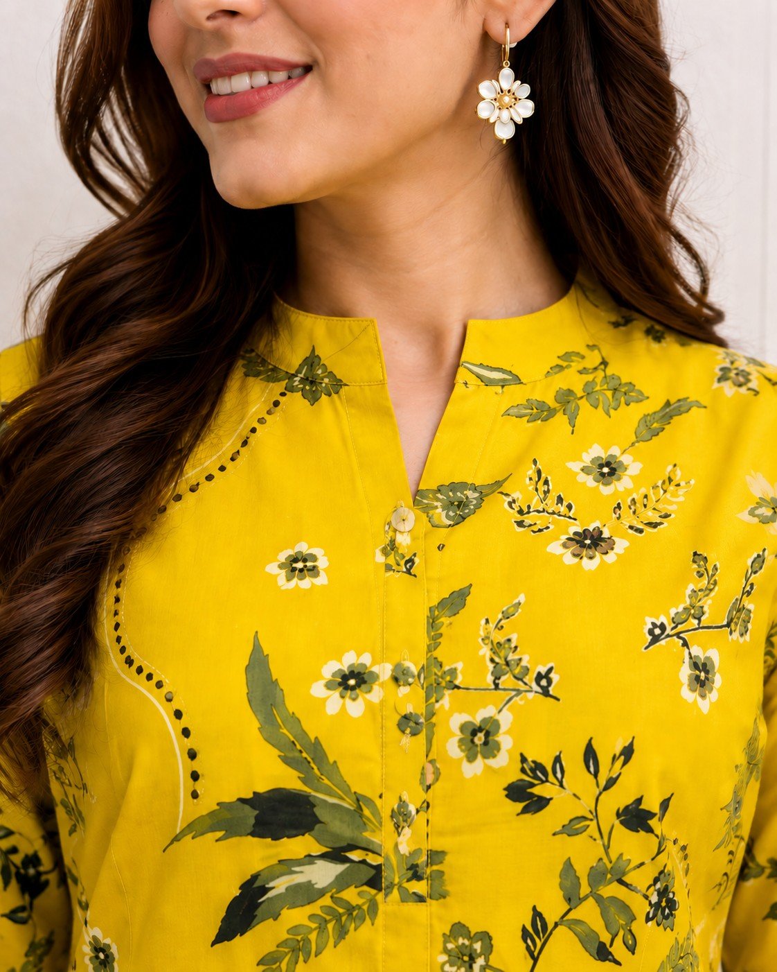 Close-up of DCVK-04 yellow floral print kurta showing notched collar, buttoned placket and dotted embroidery along the yoke