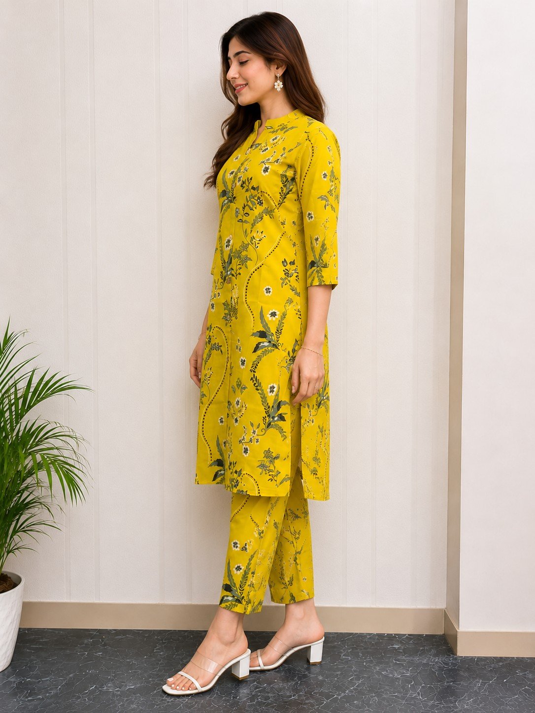 DCVK-04 yellow floral print kurta pant set – angled side view
