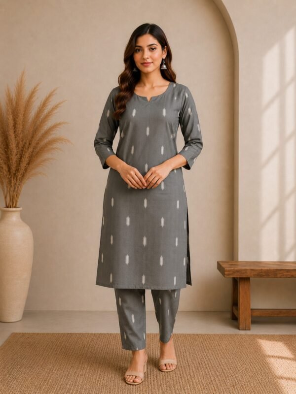 DCVK-05 grey cotton blend straight kurta pant set with ivory butti motifs – front view
