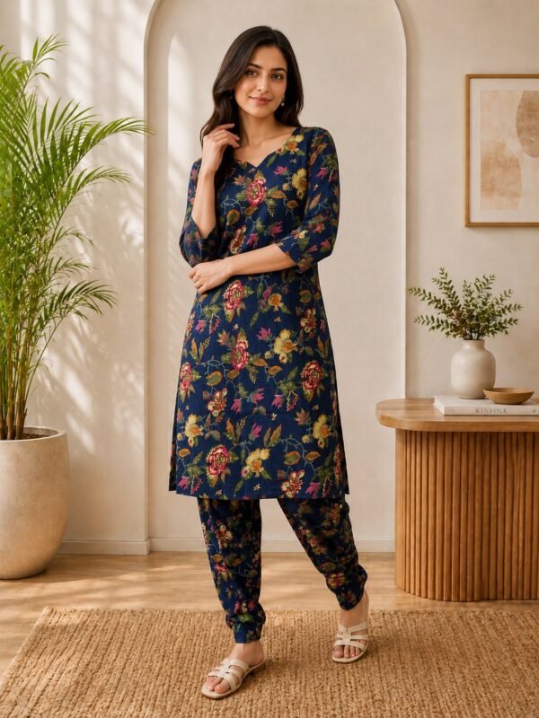 Navy blue floral print cotton blend kurta with matching pant, front view