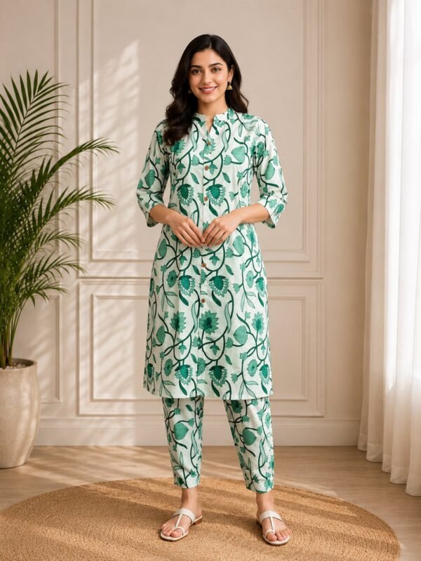 Off-white kurta with green floral print and matching pant, front view