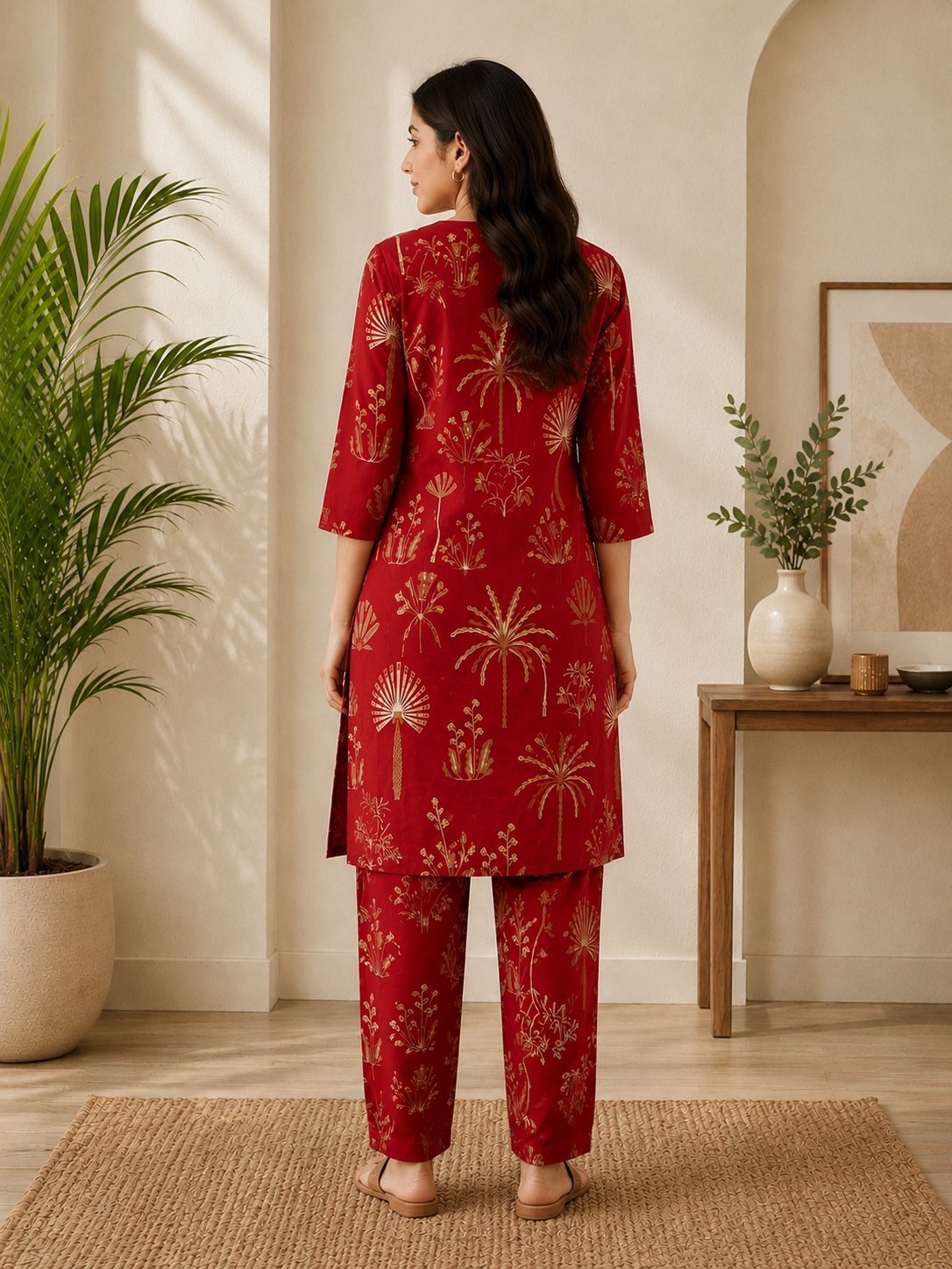 Back view of the red and gold foil print kurta pant set