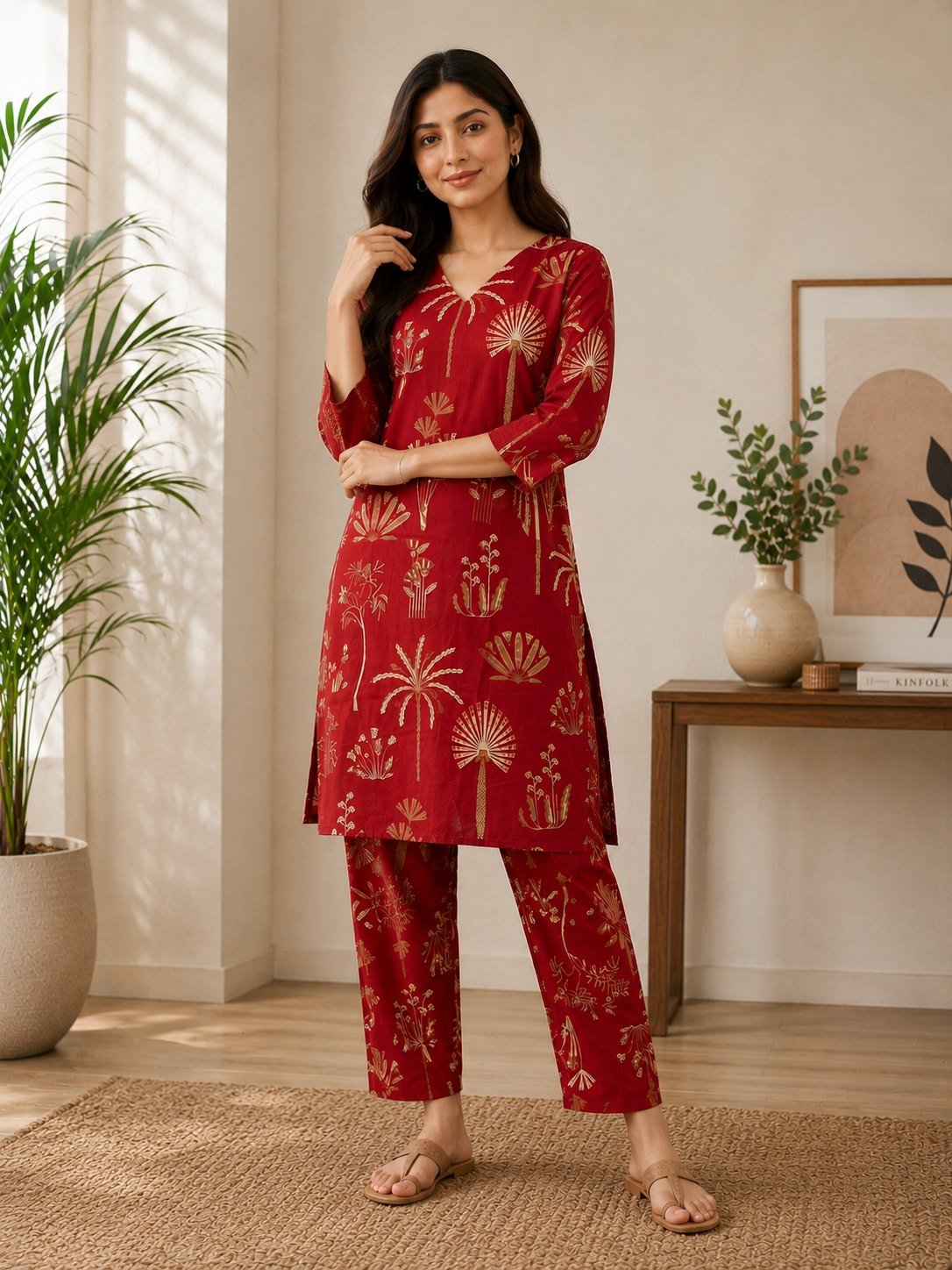 Front view of the red kurta pant set with golden foil print detail