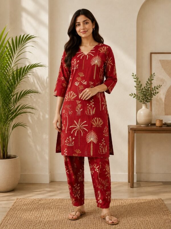 Red kurta with golden foil botanical print and matching pant, front view