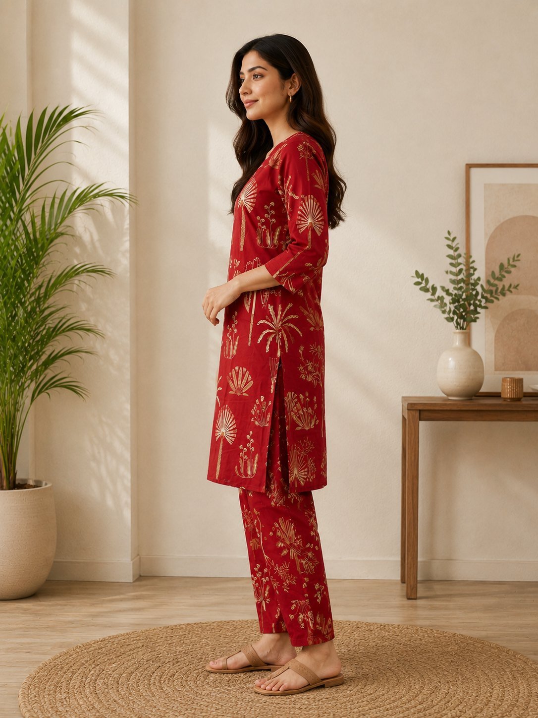 Side view showing the straight cut and side slit of the red printed kurta