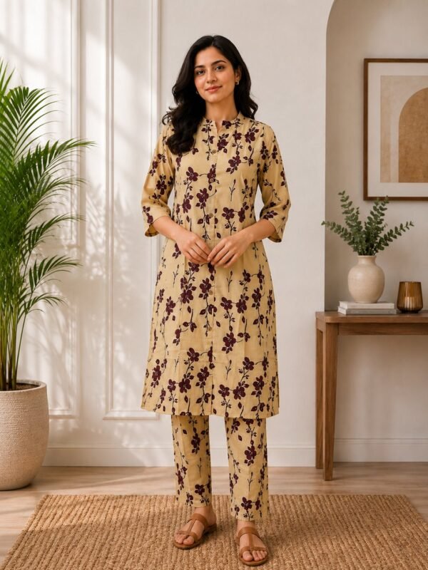 Beige kurta with plum floral print and matching pant, front view