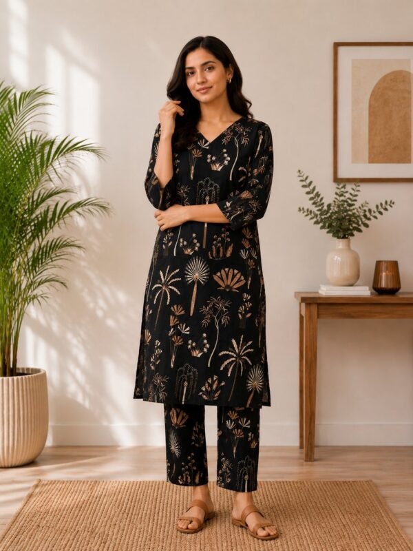 Black kurta with beige botanical print and matching pant, front view