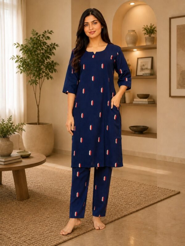 Navy blue kurta with embroidered butti motifs and matching pant, front view