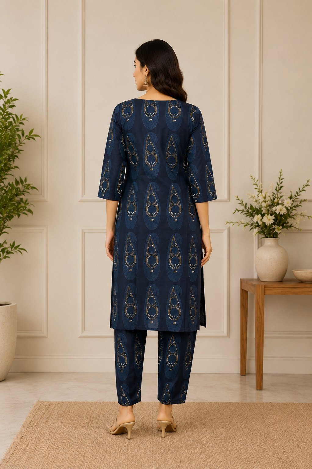 Back view of the navy blue and gold paisley foil print kurta pant set