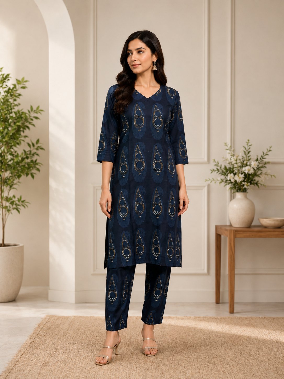 Front view of the navy blue and gold paisley foil print kurta pant set