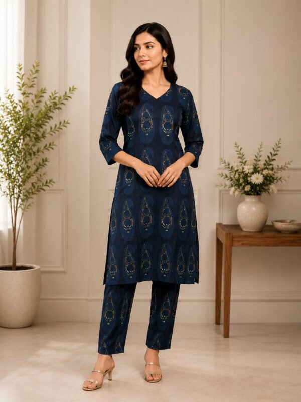 Navy blue kurta with gold foil paisley print and matching pant, front view