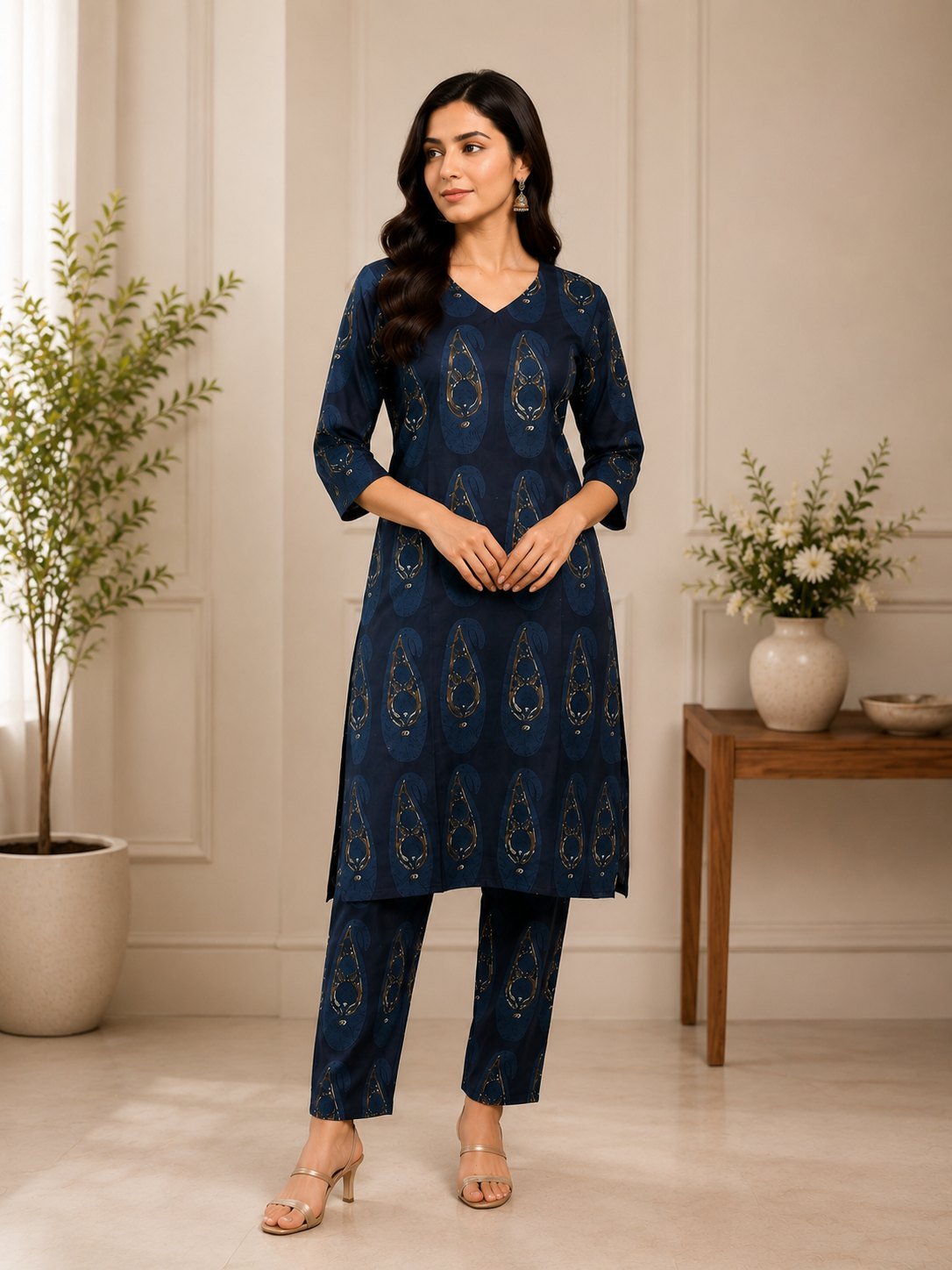 Navy blue kurta with gold foil paisley print and matching pant, front view