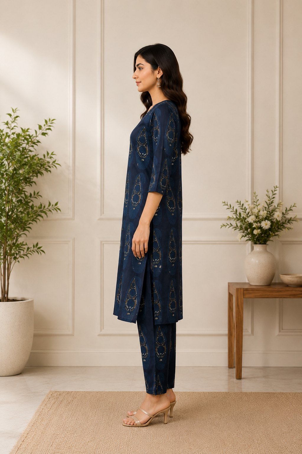 Side view showing the straight cut and side slit of the navy printed kurta