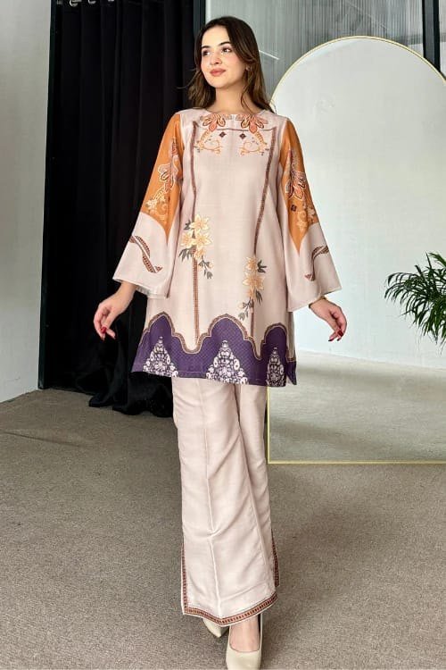 Cream placement print rayon co-ord set with flared sleeves and wide-leg pant, front view