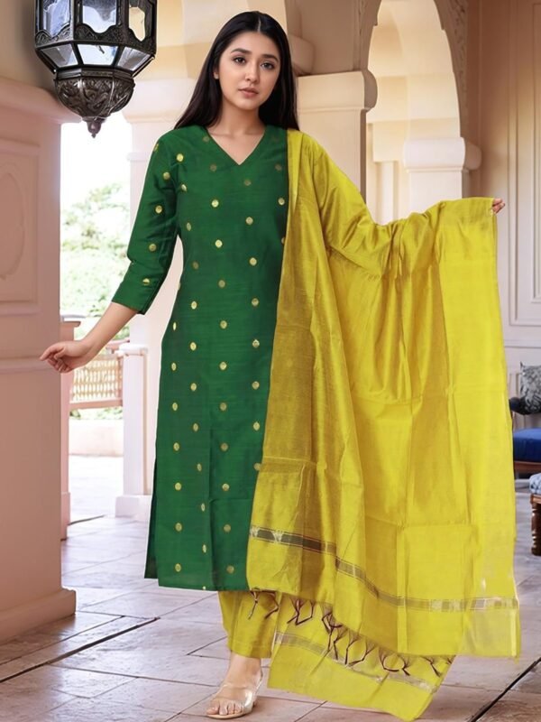 Model wearing the green jacquard art silk kurta, pant & dupatta set, front view