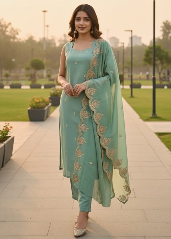 Model wearing the light green embroidered Tesla kurti, pant & dupatta set, front view