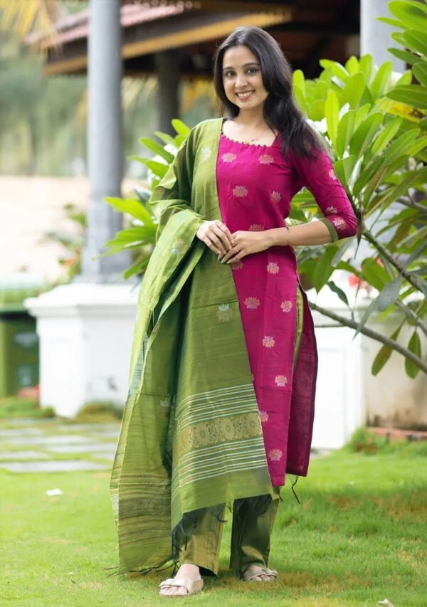 Model wearing the pink woven art silk kurta, pant & dupatta set, front view