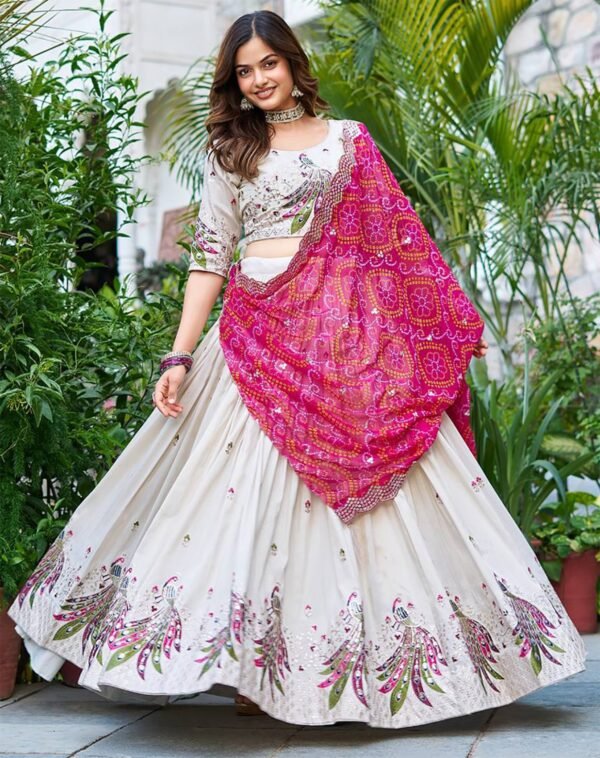 Ivory Chinon semi-stitched lehenga with peacock motifs and pink dupatta, front view