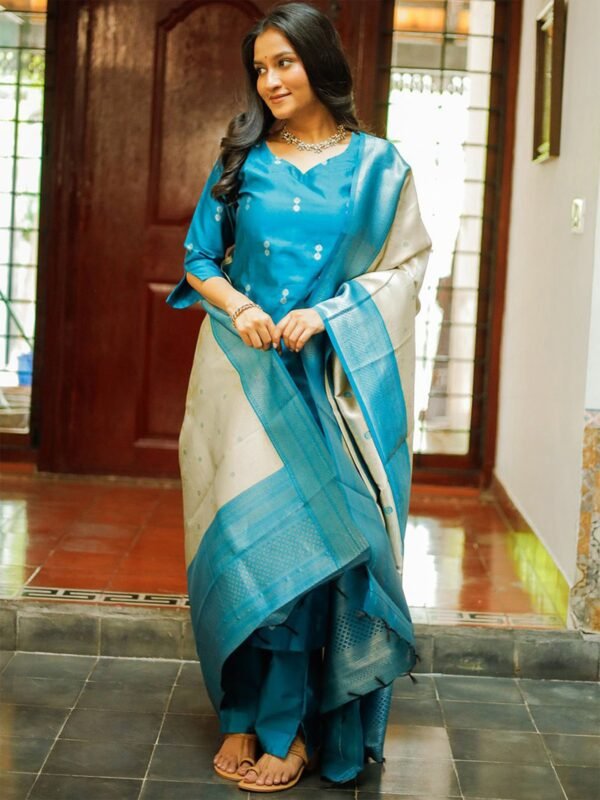 Model wearing the sky blue woven jacquard kurta, pant & dupatta set, front view