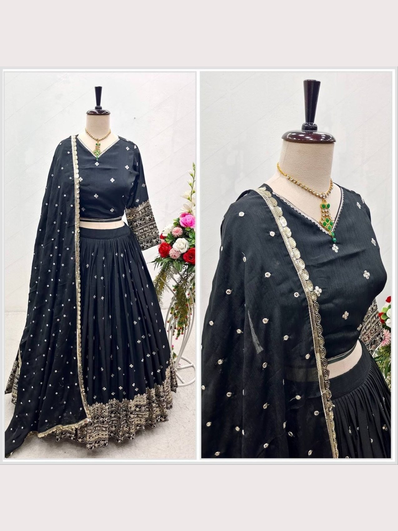 Black Chinon lehenga showing the embroidered sequin border