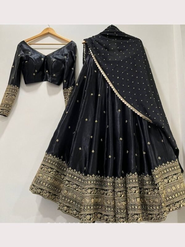 Black semi-stitched Chinon lehenga choli with embroidered dupatta, front view