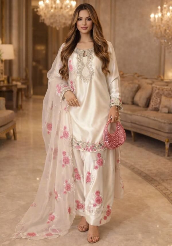 Model wearing the white embroidered french crepe salwar suit with net dupatta, front view