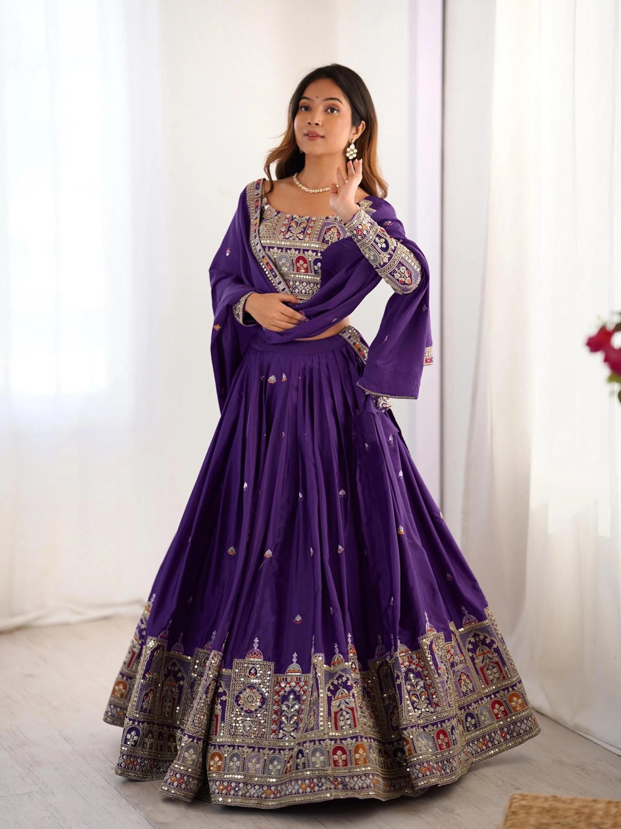 Purple embroidered Chinon semi-stitched lehenga choli set with dupatta, detail view